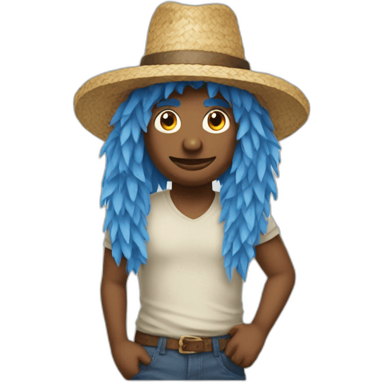 a man with straw hat and large blue hair emoji