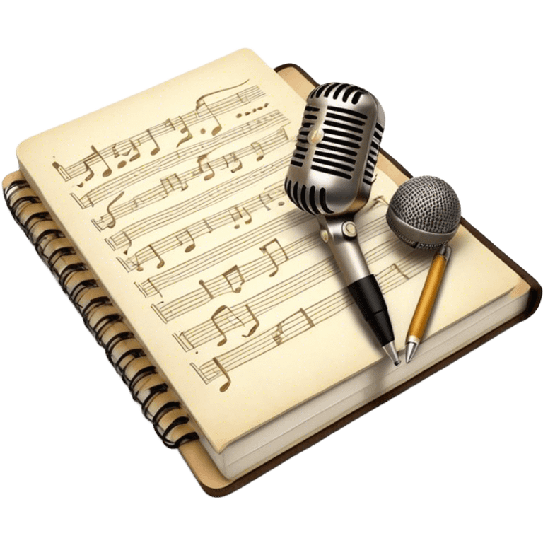 Create an emoji representing songwriting. The design should feature an open notebook or sheet music with visible lyrics between the musical notes, symbolizing the process of writing song lyrics. The text between the notes should be clearly visible. A pen or pencil should be placed near the notebook, indicating active writing. Optionally, include a single vintage microphone lying beside the notebook (not on the music notes) to add a creative touch. Use a harmonious color palette with warm and neutral tones. Do not include any emojis or smiley faces. Make the background transparent. emoji