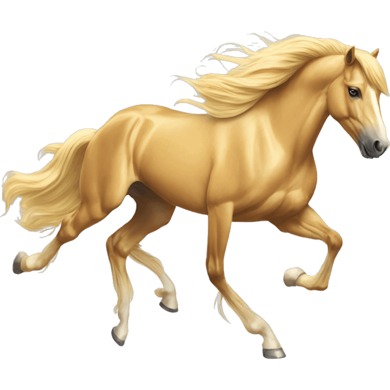 Yellow palomino horse with long flowing mane galloping with prosthetic leg, slender horse, solid yellow horse, running, yellow horse galloping with prosthetic leg, pretty horse emoji