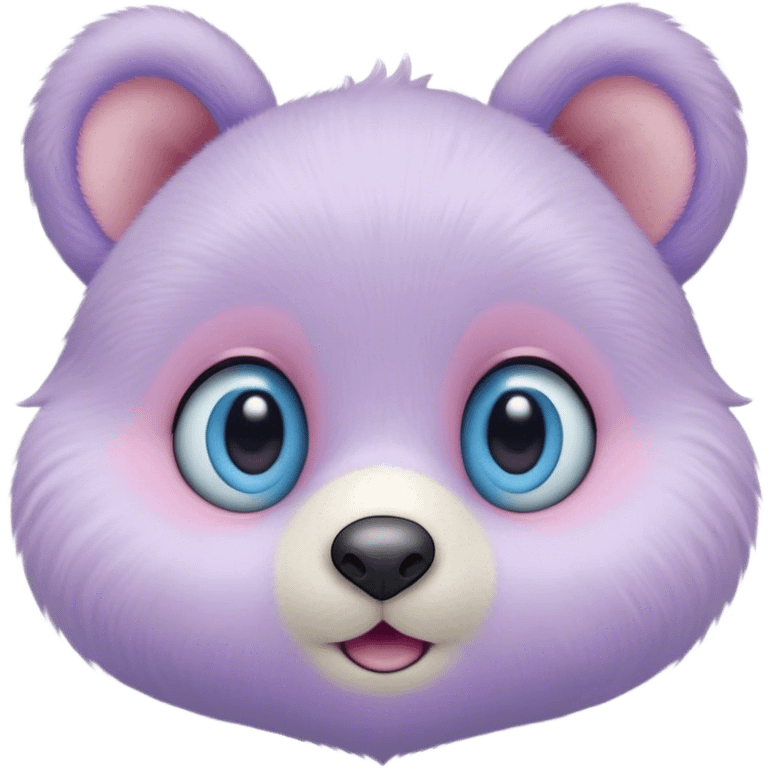 A creature with pastel purple fur and large pixar blue eyes and very small ears like a teddy bear. The nose is just a circle and very small pink. The base around the eyes, eyebrows, nose and mouth is white, blushing. emoji