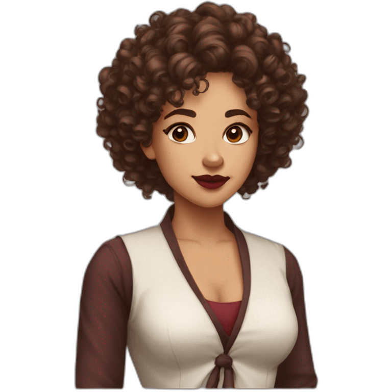 Woman, curly hair, tied up, brown eyes, marsala lipstick, professora emoji