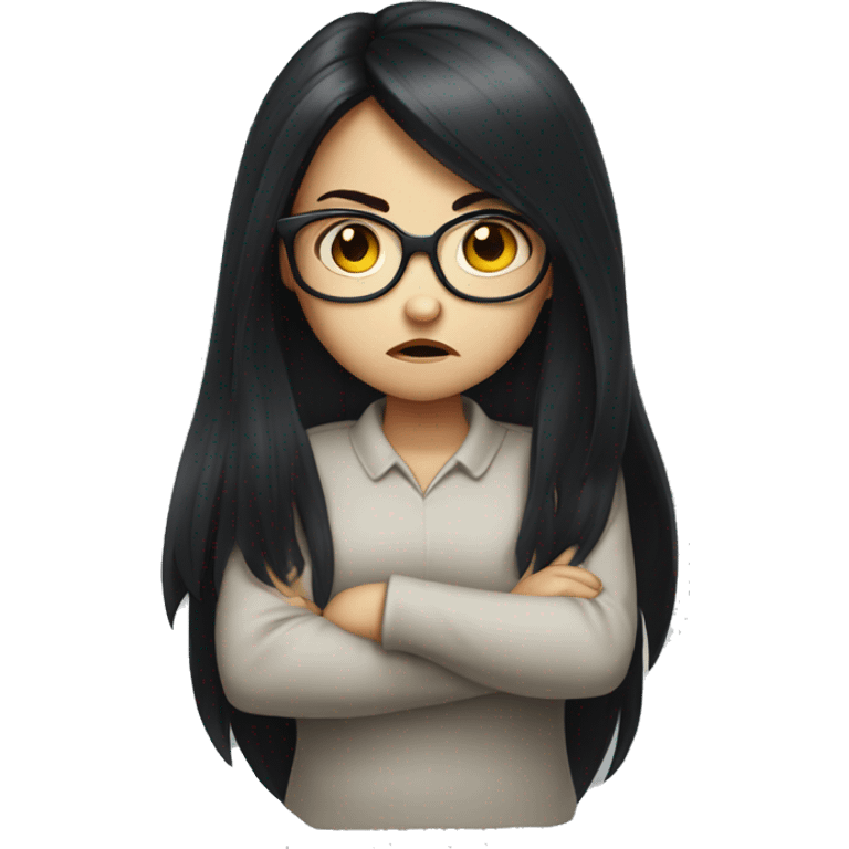 angry scowling white little girl, long black hair, wearing glasses, with arms crossed over chest. emoji