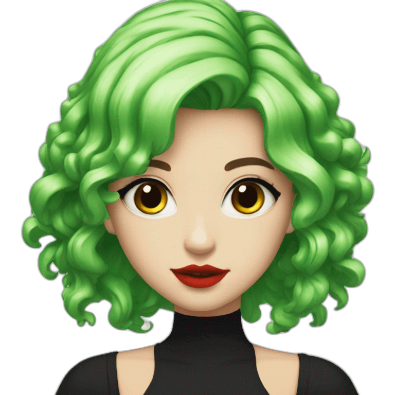 green hair, black outfit, white girl, red lips, looking directly camera, e girl emoji