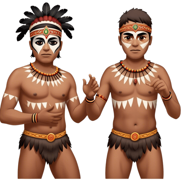 Cinematic Realistic scene of two indigenous male aboriginals performing an Aboriginal Corroboree, adorned in traditional body paint, A corroboree is an Australian Aboriginal ceremonial meeting. It usually includes celebration of Aboriginal mythology and spirituality, which is based in the Dreaming emoji