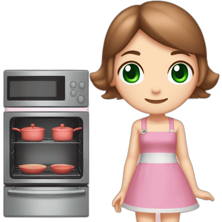 brown hair like dirty blonde girl with dark green eyes home cooker dress like cooking mama dress color pink nintendo ds like emoji