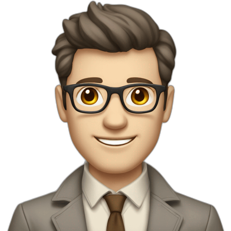 Joyful Full height Pale skinned Fit Man With dark brown hair in gray jacket, beige office shirt, Brown pants and vintage glasses. His thrumbs up emoji