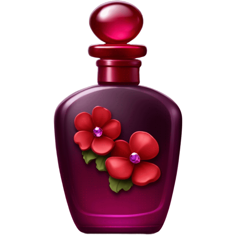 Dark red royal perfume bottle with red violets and a ruby gemstone emoji