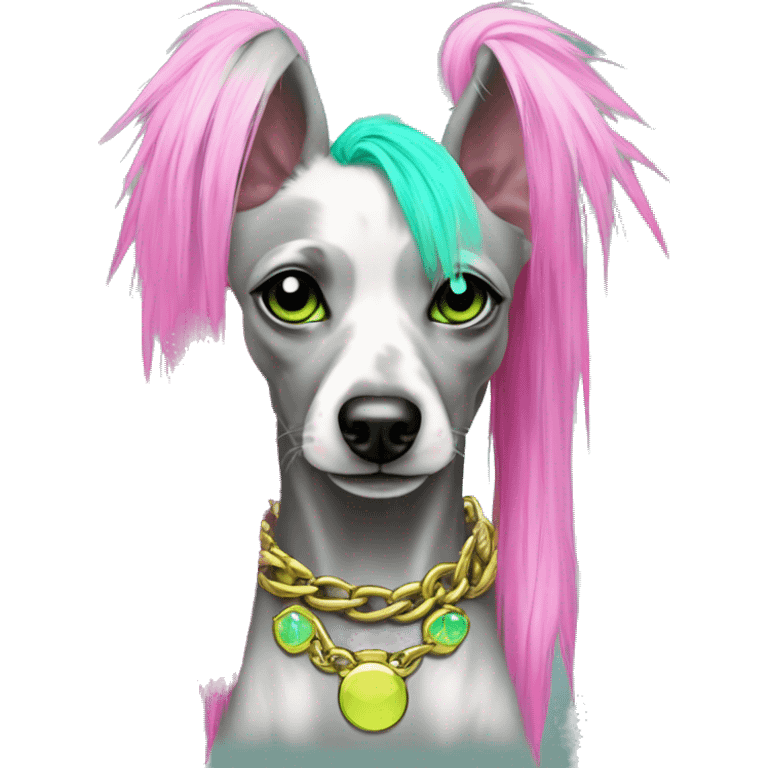 Punk Chinese crested dog neon cyan green pink hair gold chain punk piercings tattoos punk ear piercings emoji