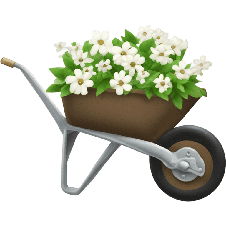 Brown wheelbarrow with white flowers inside no green  emoji