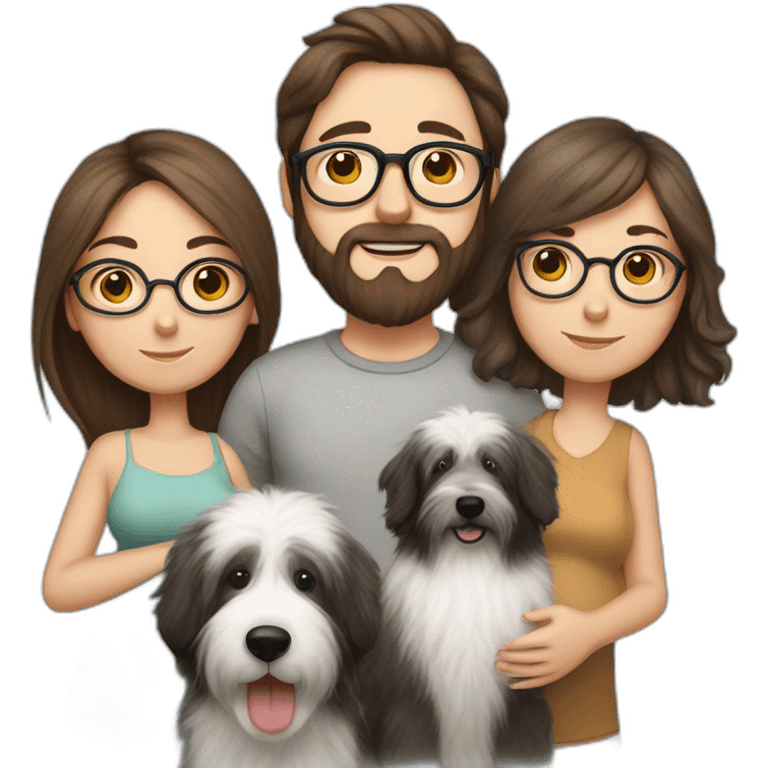 Pregnant girl with half long brown hair with glasses, a boy with long beard, glasses and short hair and english sheepdog emoji