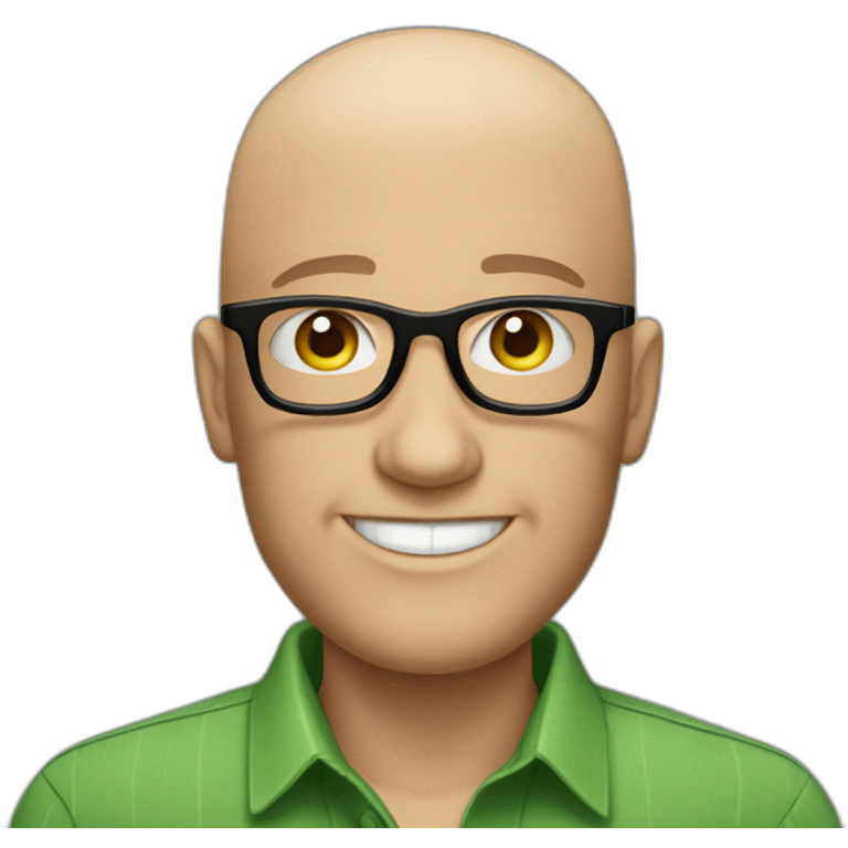 smiling white man with a big nose, shaved head in rectangular black glasses and green button up shirt emoji