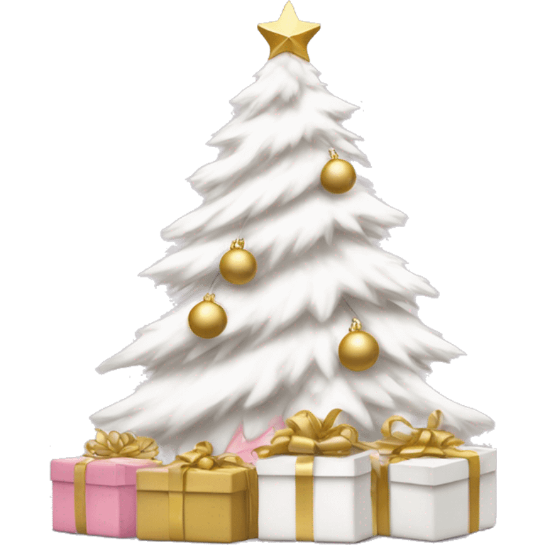 White christmas tree with pink and gold decor with white and gold presents sitting under it emoji