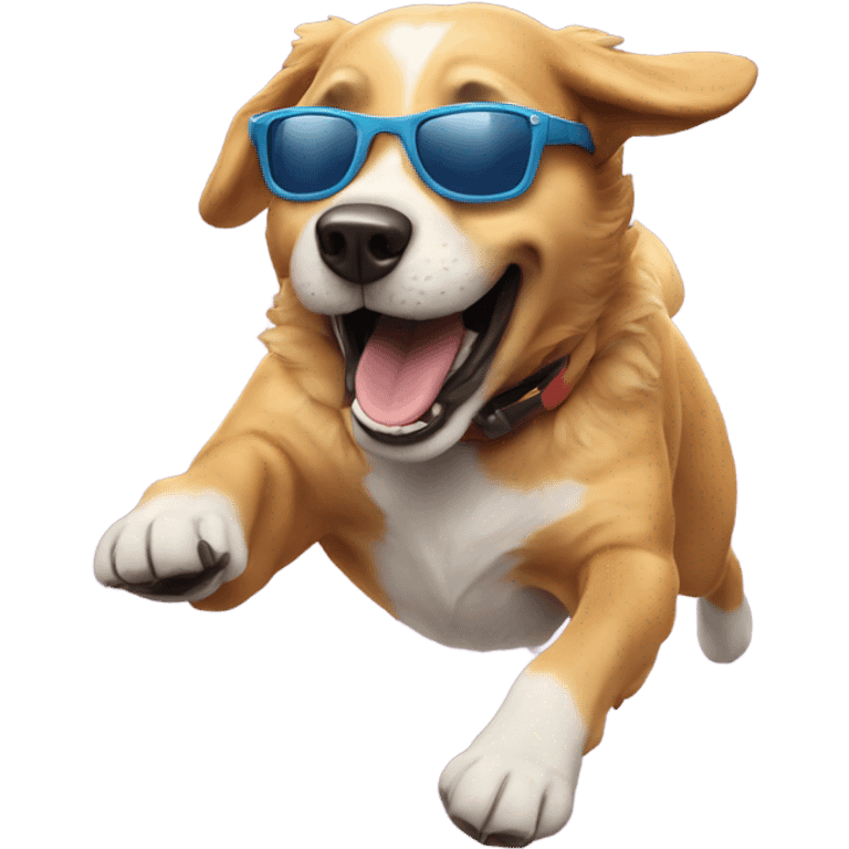 Really happy dog mid jump with sunglasses emoji