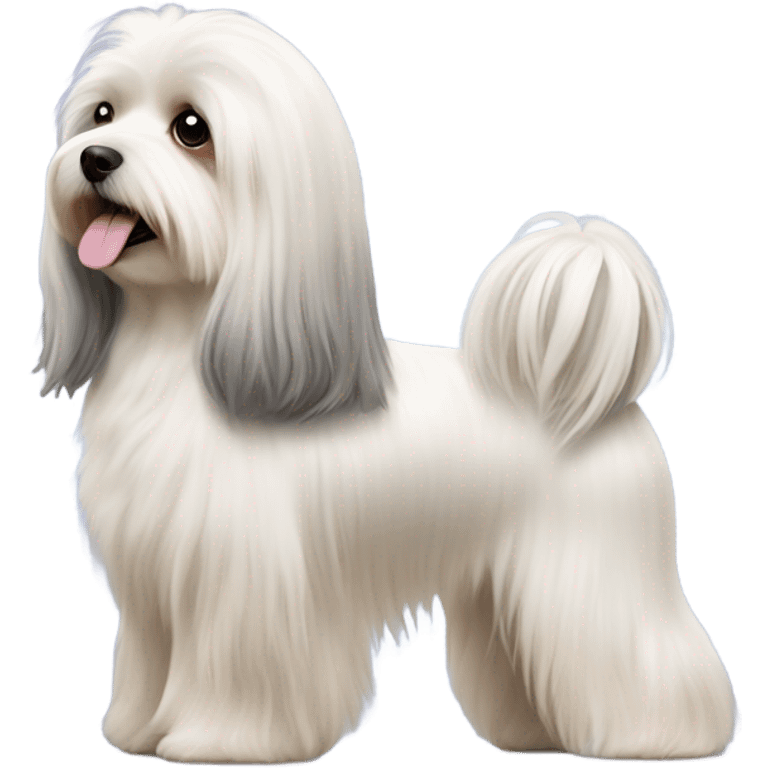 Side view of Havanese with long hair all the way down to the dogs feet at a dog show  emoji