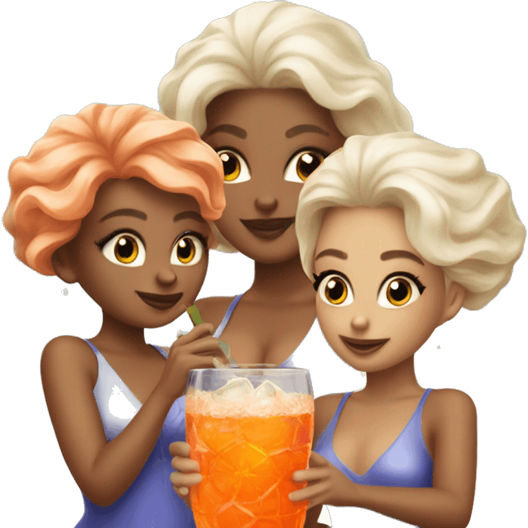 Three beautiful mermaids light skin drinking aperol emoji