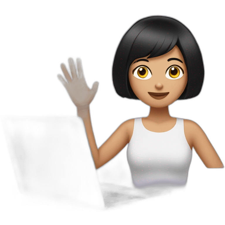 woman with black bob haircut and hand signs behind laptop emoji