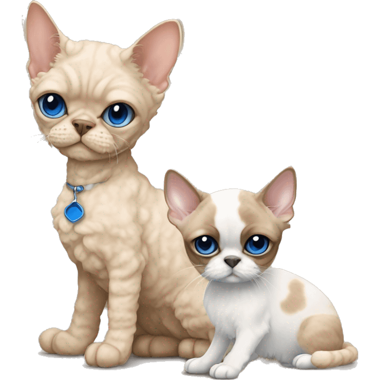 Beige curly fur Devon Rex Cat with blue eyes sitting next to a beige shih tzu   emoji