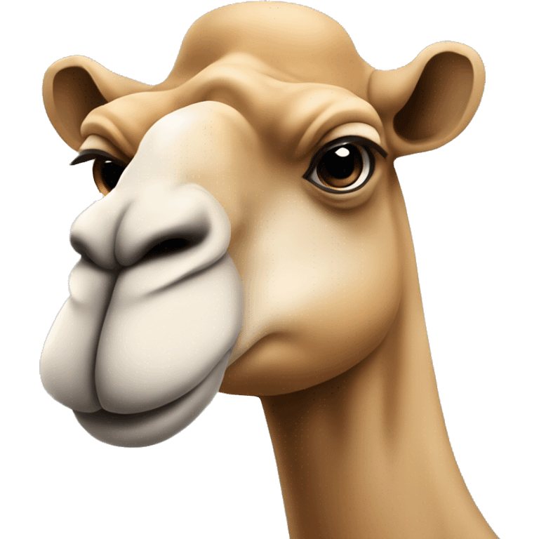 Design a simple, rounded camel head emoji with a wide, cheerful smile. The camel should have soft features, with a small fez on top for a unique touch. Keep the colors and shading minimal, similar to regular smiley emojis. emoji