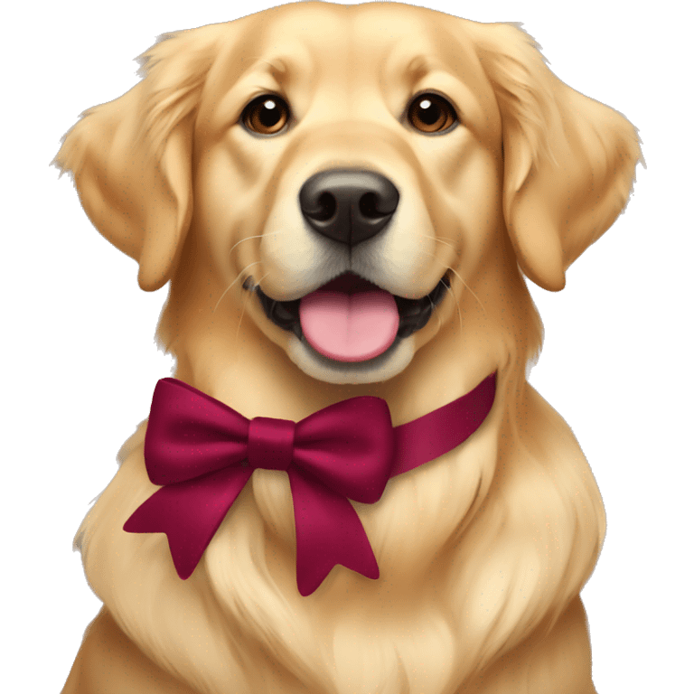 Golden retriever wearing a burgundy bow around its neck emoji