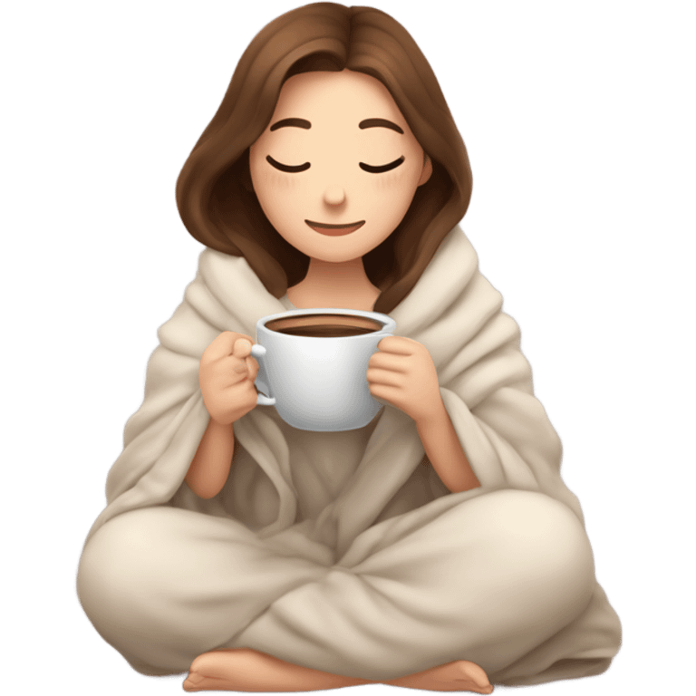 A cozy, heartwarming illustration of a beautiful girl with fair skin and brown hair, sitting comfortably under a soft blanket. She is holding a steaming cup of coffee with both hands, exuding warmth and relaxation. emoji