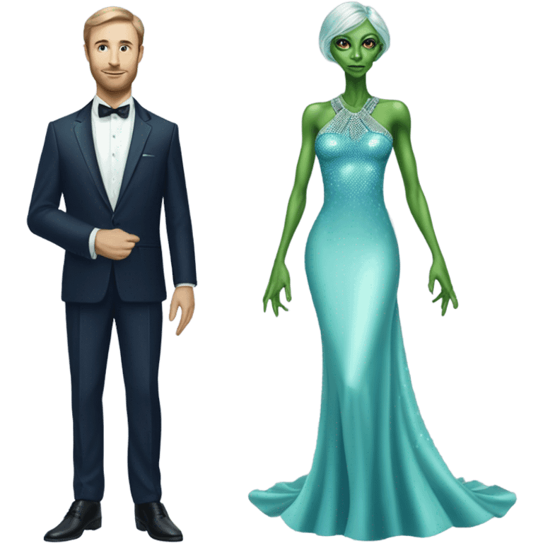 reptilian alien green skin woman, in long slim pastel blue formal party satin dress with gradient shiny sparkling navy blue diamonds embroidered , and caucasian man in black dres emoji