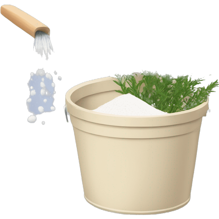 washing powder in a beige bucket with medicinal herbs emoji