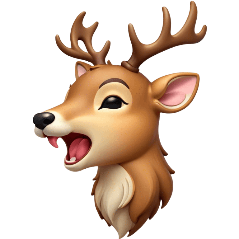 Cinematic Cute Yawning Deer Portrait Emoji, Head tilted slightly with a dramatic, wide-open yawn, revealing a soft, dappled Fur and elegantly drooping ears, eyes barely open in drowsy contentment, Simplified yet irresistibly adorable features, highly detailed, glowing with a soft, cozy glow, high shine, relaxed yet expressive, stylized with a touch of natural whimsy, bright and endearing, soft glowing outline, capturing the essence of a sleepy yet affectionate deer, so drowsy it feels like it could stretch right out of the screen and curl up for a nap! emoji