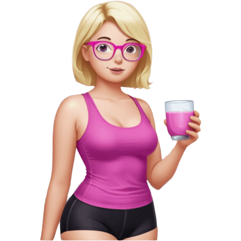 Curvy fair skinned woman, freckled skin, short blond hair, small light purple reading glasses, washing dishes, short flowing sheer hot pink tank top, without undergarments SFW, black yoga pants, thick booty emoji