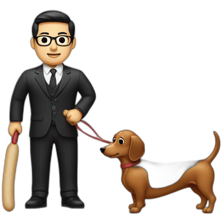 An asian man tailor with slick back hair wearing black framed glassed holding a sausage dog emoji