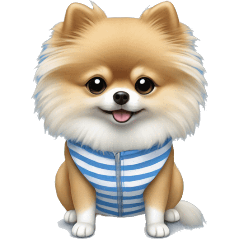 pomeranian dog with clothes on blue and white strips with less hair emoji