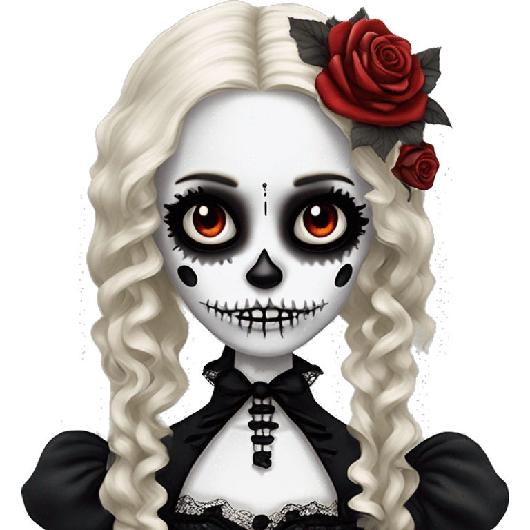 Skeleton, Tim Burton style, cracked porcelain doll face, goth makeup, long hair, lace, ruffles, Lolita fashion, inked, red roses, gothic castle. emoji