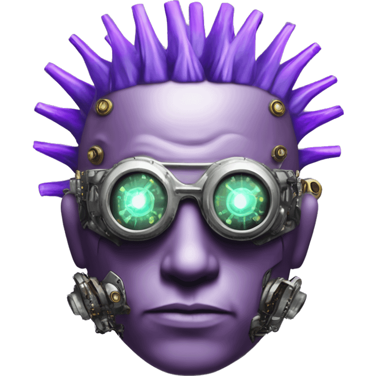 Purple mohawk cyborg head with silver steampunk goggles, goatee and circuits emoji