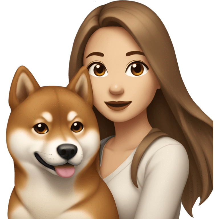 beautiful woman, straight long light brown hair, brown eyes with dog Shiba Inu emoji