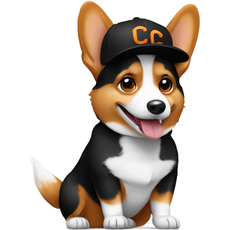 corgi wearing a black baseball hat with a small orange square with white letters "YC" logo emoji