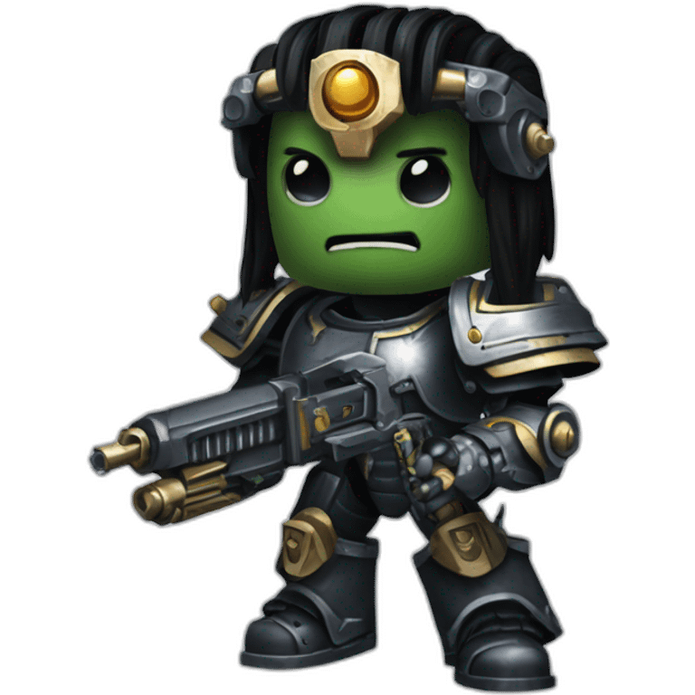 warhammer 40k chaos armor, black hair, jaw made from metal, holding a bolt gun emoji