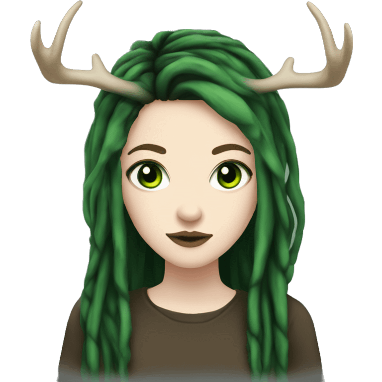 Girl with pale skin, green eyes, black dread-locks, eyeliner, deer antlers, grunge emoji