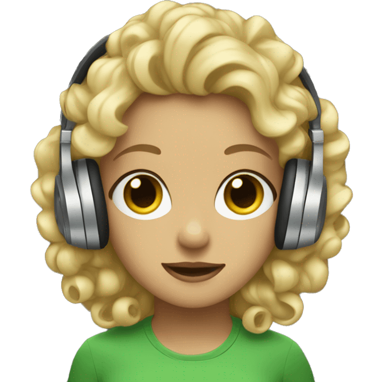 dark blondie wearing  green eyes Curly hair headphones emoji