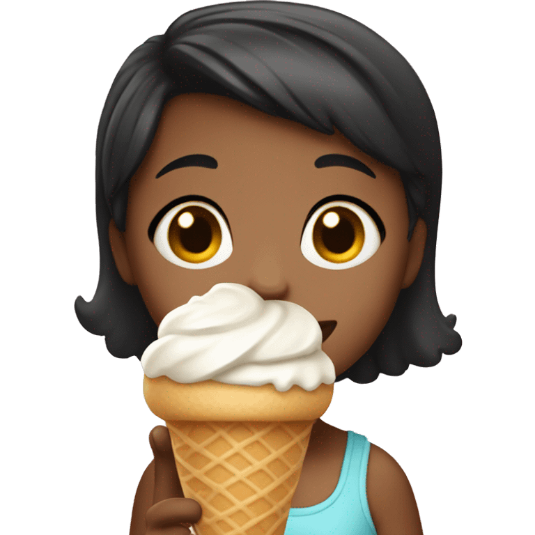 A little girl with black short hair eating ice cream emoji