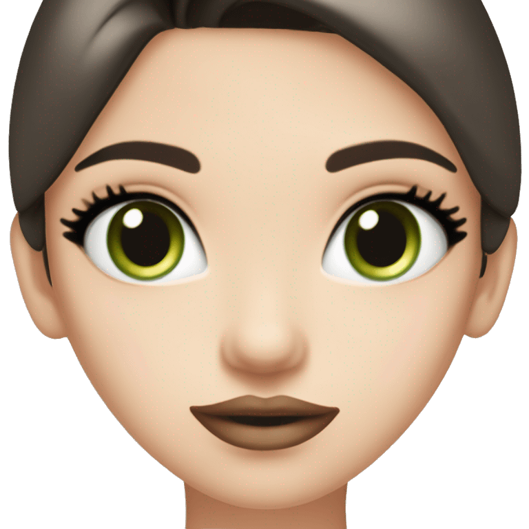 beautiful girl with high cheek bones, long straight shiny dark brown hair, big green eyes and big pale pink lips. Long thick eyelashes. Wearing a cream bustier. emoji