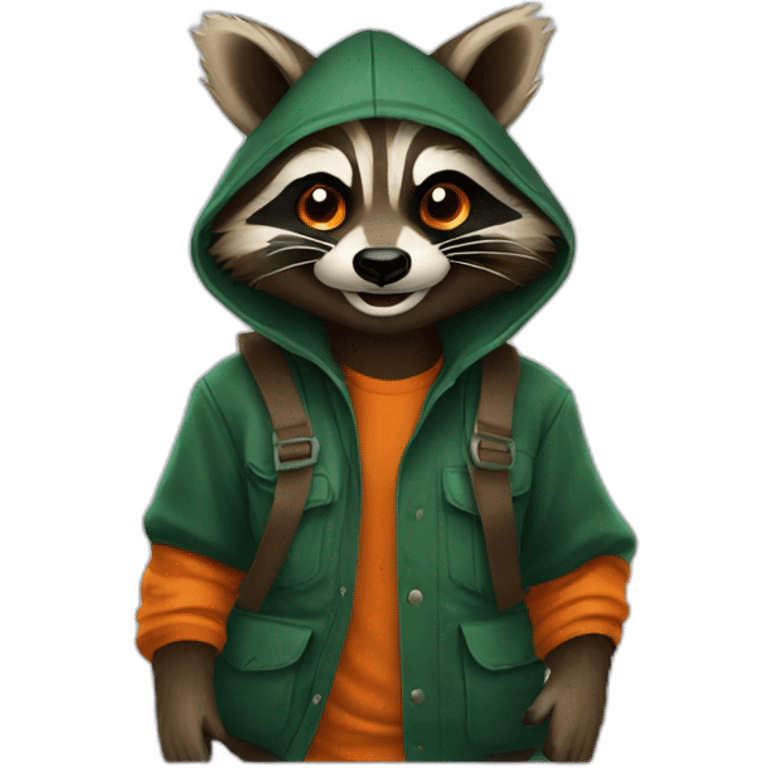 brown raccoon with orange eyes and a dark green hood that is laughing emoji