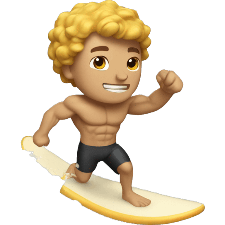 Buff guy with brown hair surfing waves of cheese emoji