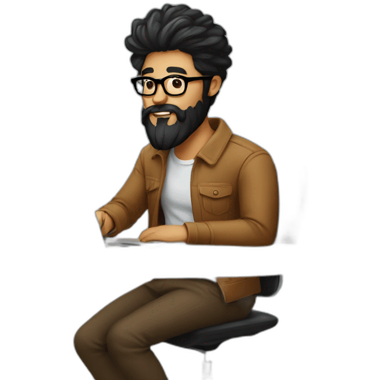 Designer with black hair, beard and glasses working with MacBook and drinking cappuccino  emoji