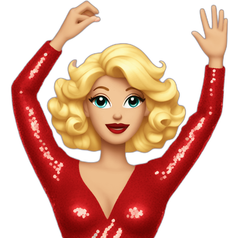 drag race, drag queen, red sequin dress, holding right arm in the air emoji