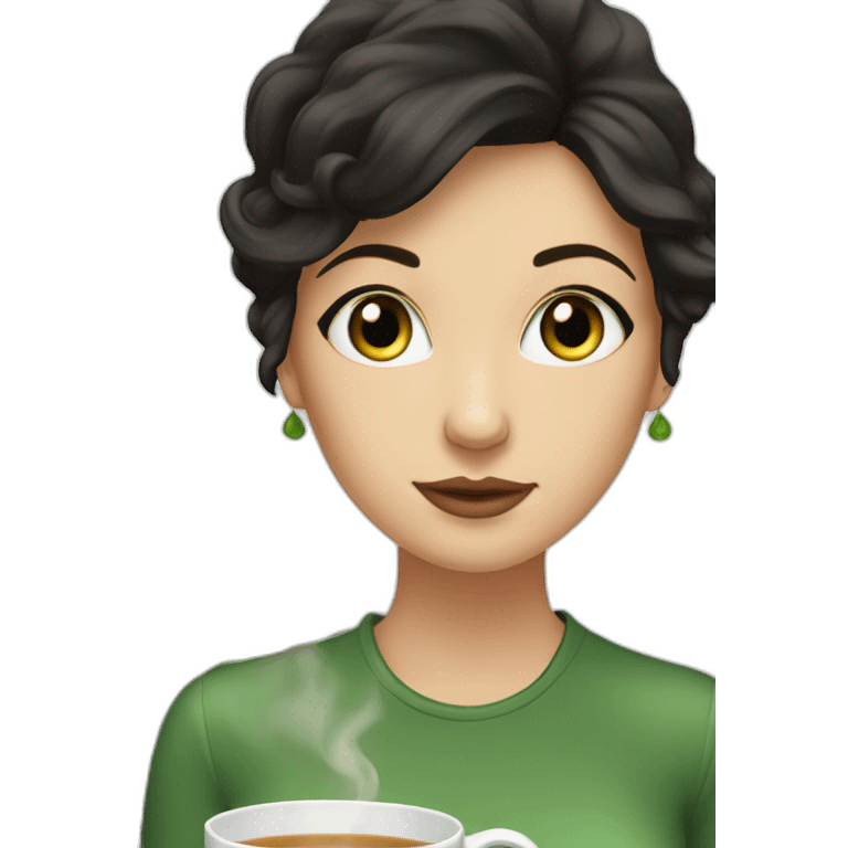 White woman with brownish black hair, green eyes and a big mug of tea emoji