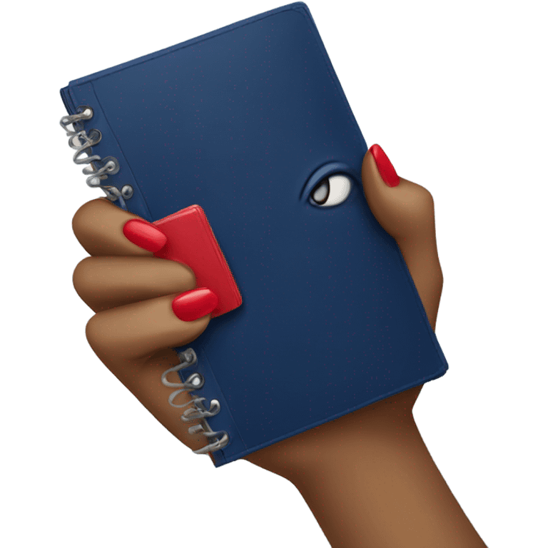 a hand with a red manicure holds a dark blue diary emoji