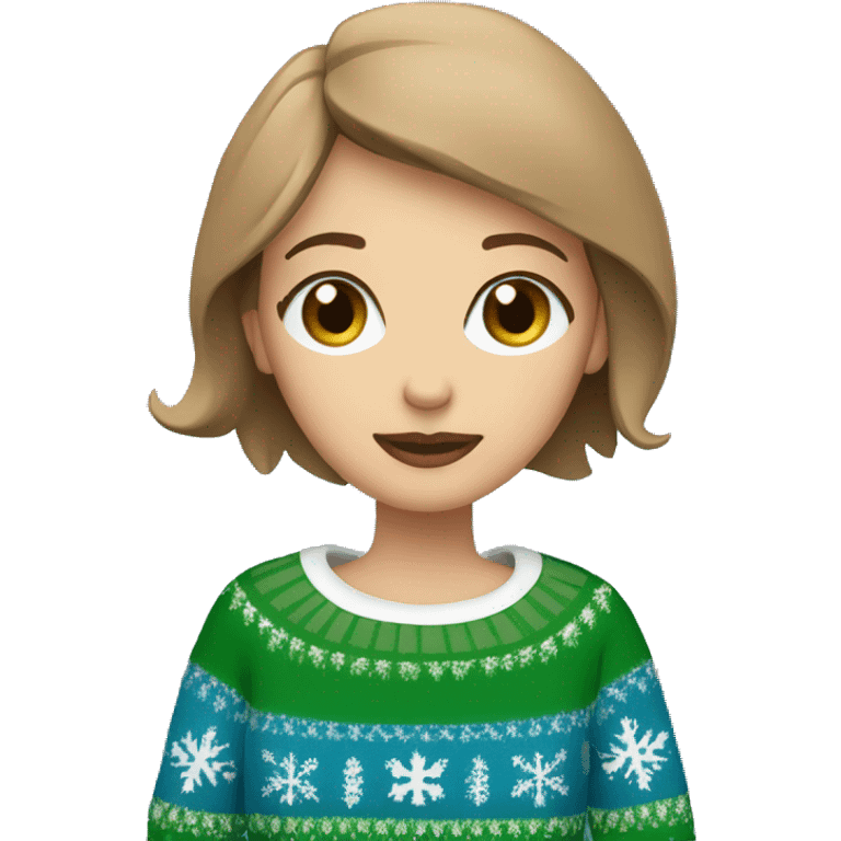 Light brown short haired girl with green eyes drinking coffee wearing blue Christmas sweater emoji