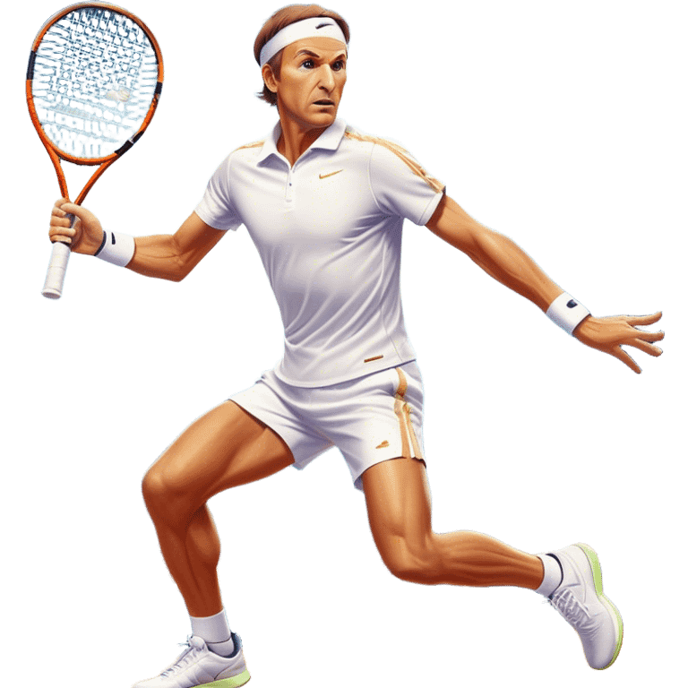 Cinematic Realistic portrait of Goran Ivanišević, depicted as an iconic tennis player in dynamic motion with detailed athletic gear and intense focus, illuminated by bold stadium lighting that accentuates his competitive spirit. emoji