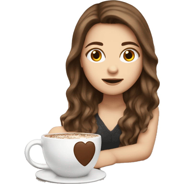 white girl with brown long hair and hot choco emoji