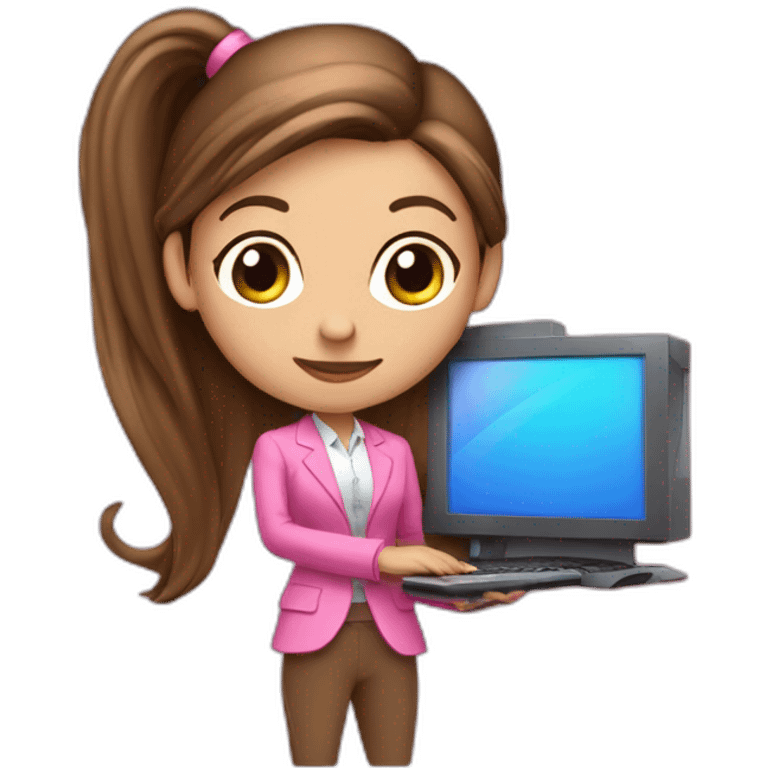 long brown pony tail girl with computer wearing pink suit emoji