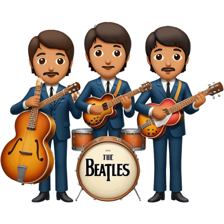 Cinematic Realistic The Beatles Group Emoji, depicted as an iconic band of four exuding playful charisma and musical genius with retro instruments and vibrant expressions, rendered with rich textures and nostalgic dynamic lighting that captures their legendary impact on pop culture. emoji